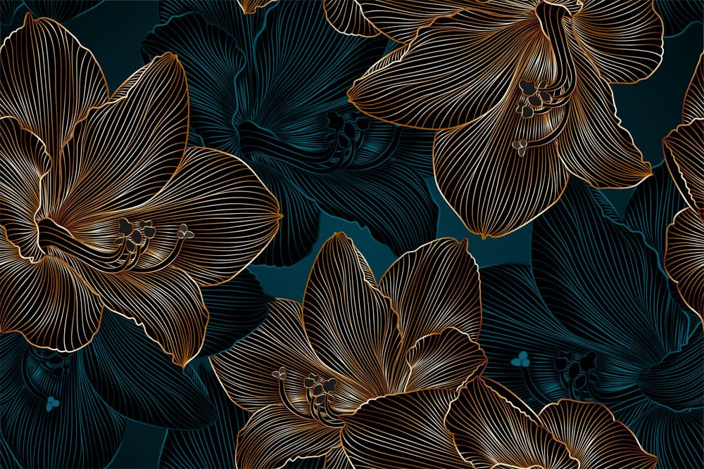 Elegant Midnight Blue Floral Line Art Wallpaper with Copper Accents