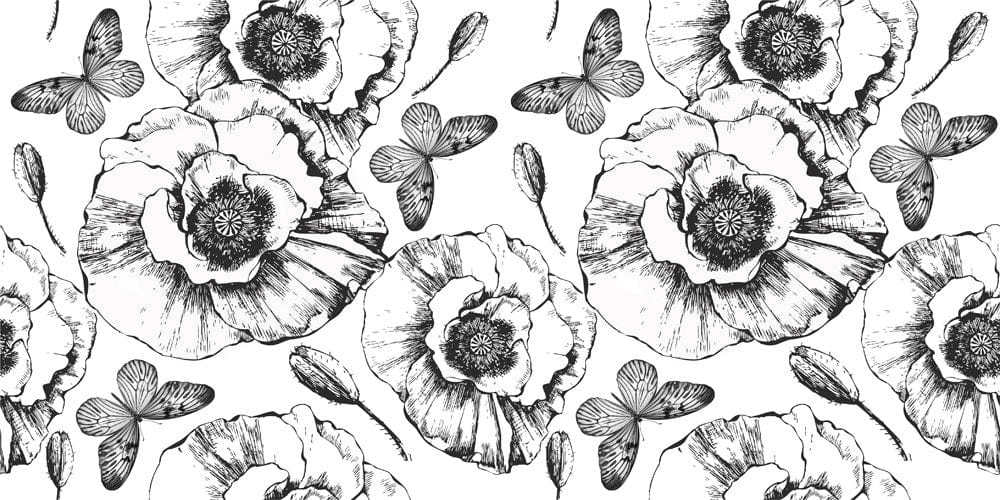 Monochrome Floral Butterflies Mural Wallpaper - Elegant Black and White Design
