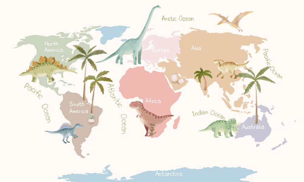 Children's Dinosaur World Map Mural Wallpaper - Colourful Educational Adventure Decor