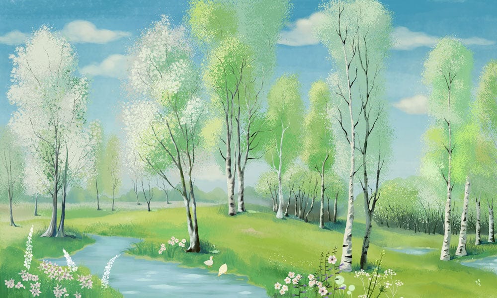 Tranquil Spring Birch Forest Mural Wallpaper in Soothing Pastel Greens