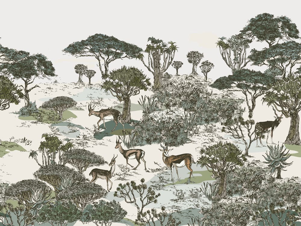Serene Safari Wildlife Landscape Mural Wallpaper in Earthy Green Tones