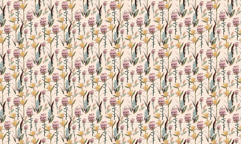 Vintage Botanical Floral Pattern Wallpaper with Soft Pink Blossoms and Greenery