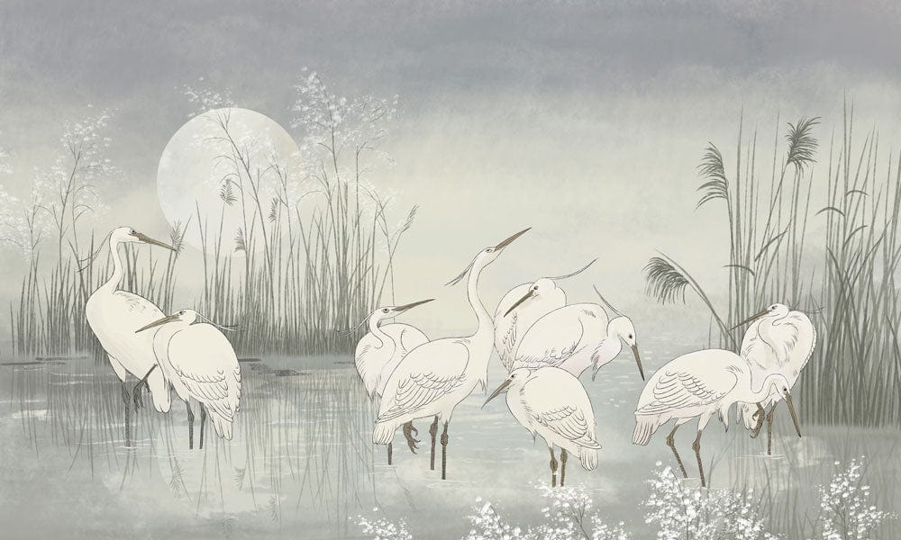 Tranquil Heron Misty Watercolour Mural Wallpaper - Serene Nature Scene Art