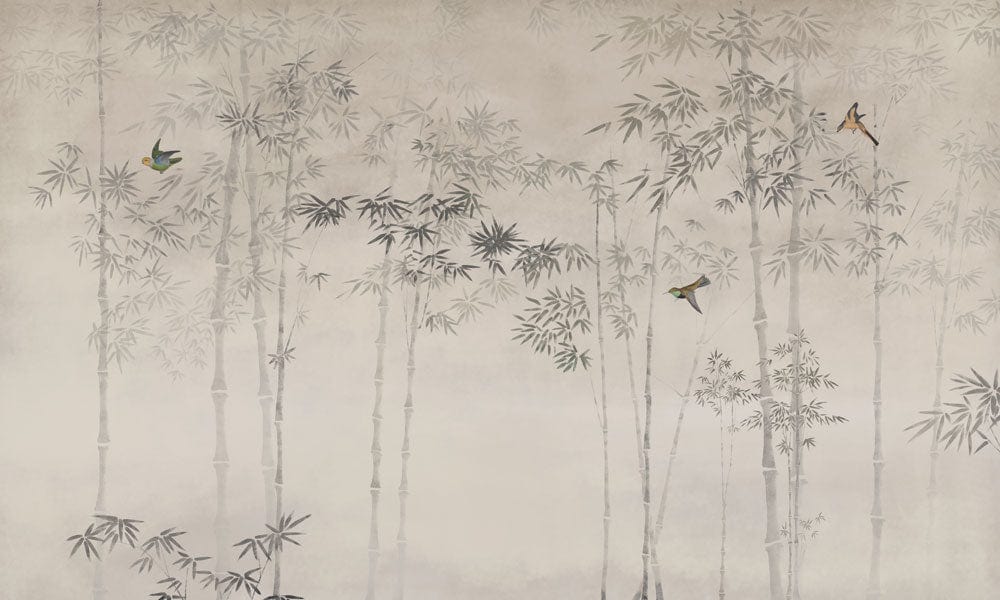 Elegant Bamboo Garden Mural Wallpaper in Subtle Grey with Birds Design