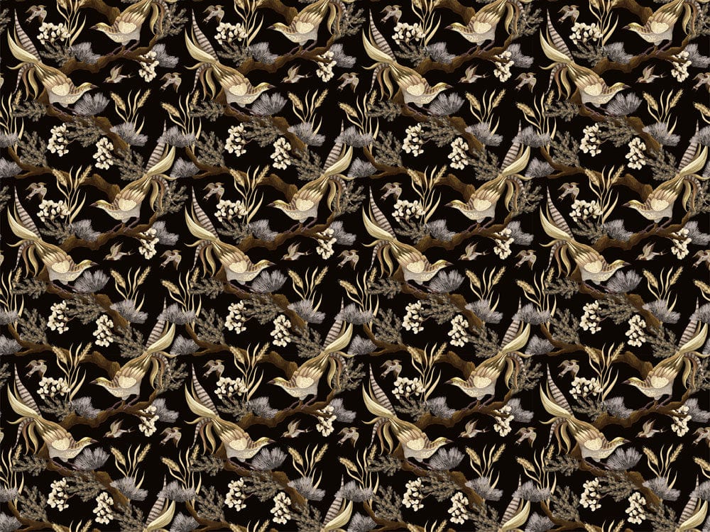 Flowers & Birds on Black Wallpaper Mural