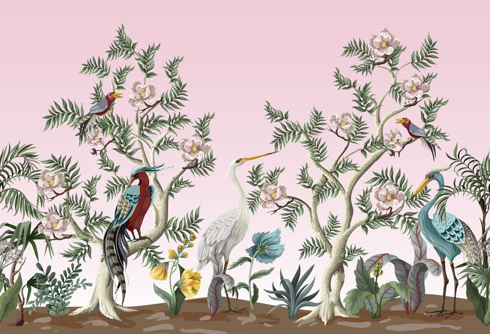 Elegant Pastel Botanical Bird Mural Wallpaper - Vintage Nature Scene Décor