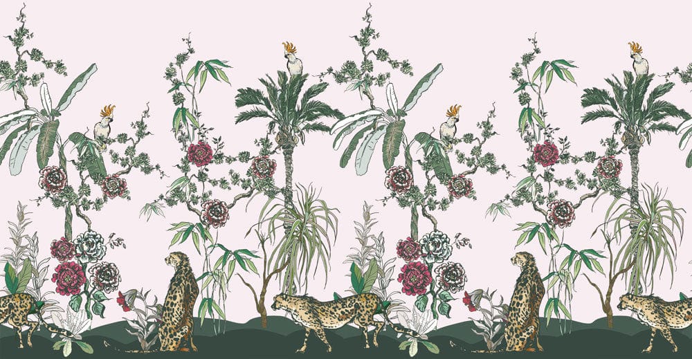 Exotic Jungle Paradise Mural Wallpaper with Leopards and Tropical Flora Design