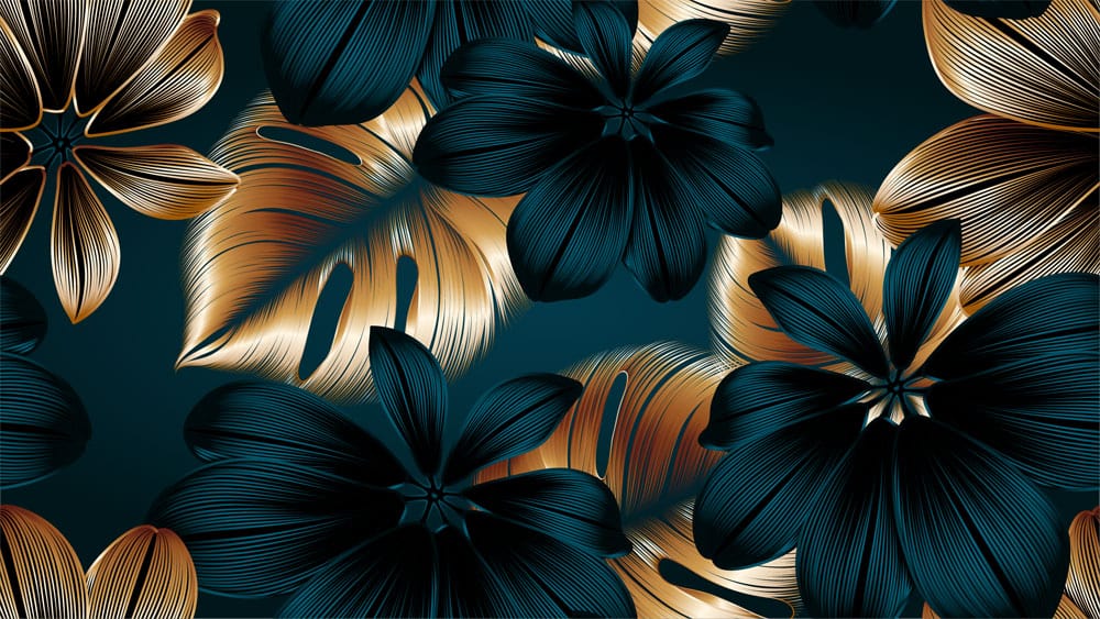 Elegant Golden and Teal Tropical Floral Pattern Wallpaper for Sophisticated Interiors