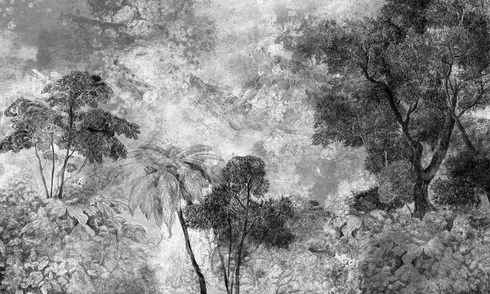 Monochrome Tropical Forest Mural Wallpaper: Elegant Nature-Inspired Wall Décor