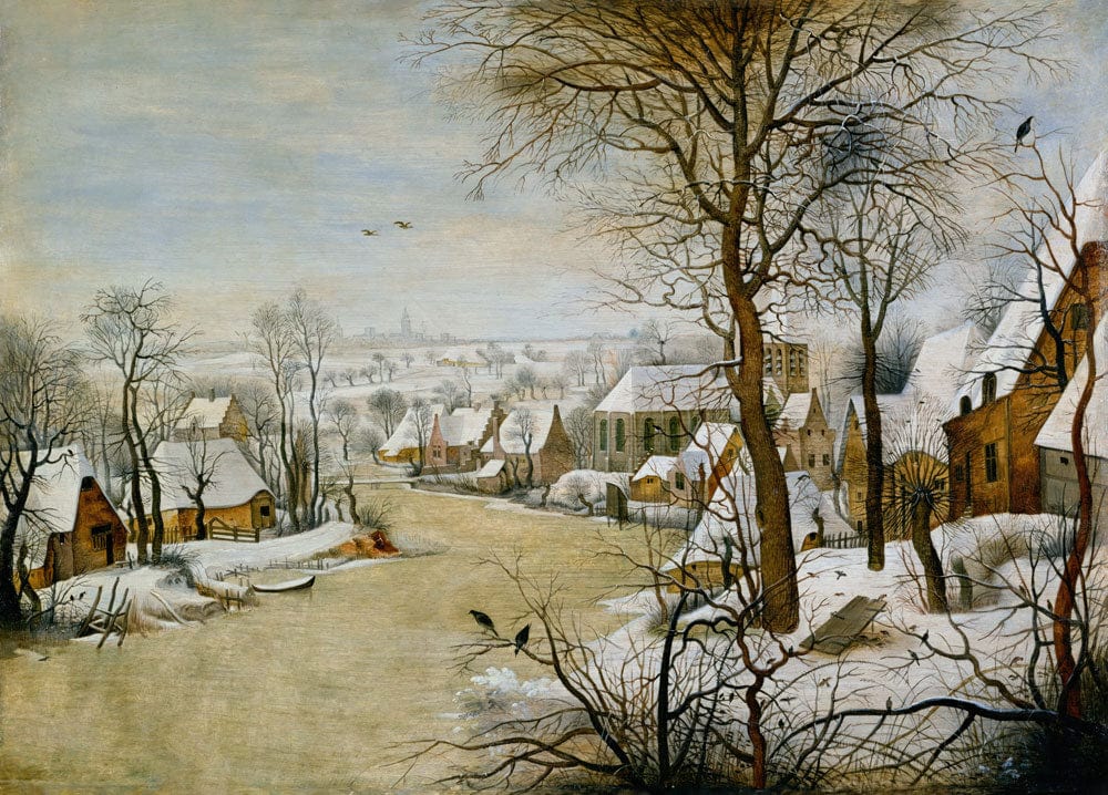 Vintage Winter Village Landscape Mural Wallpaper - Classic Snowy Scenery Design