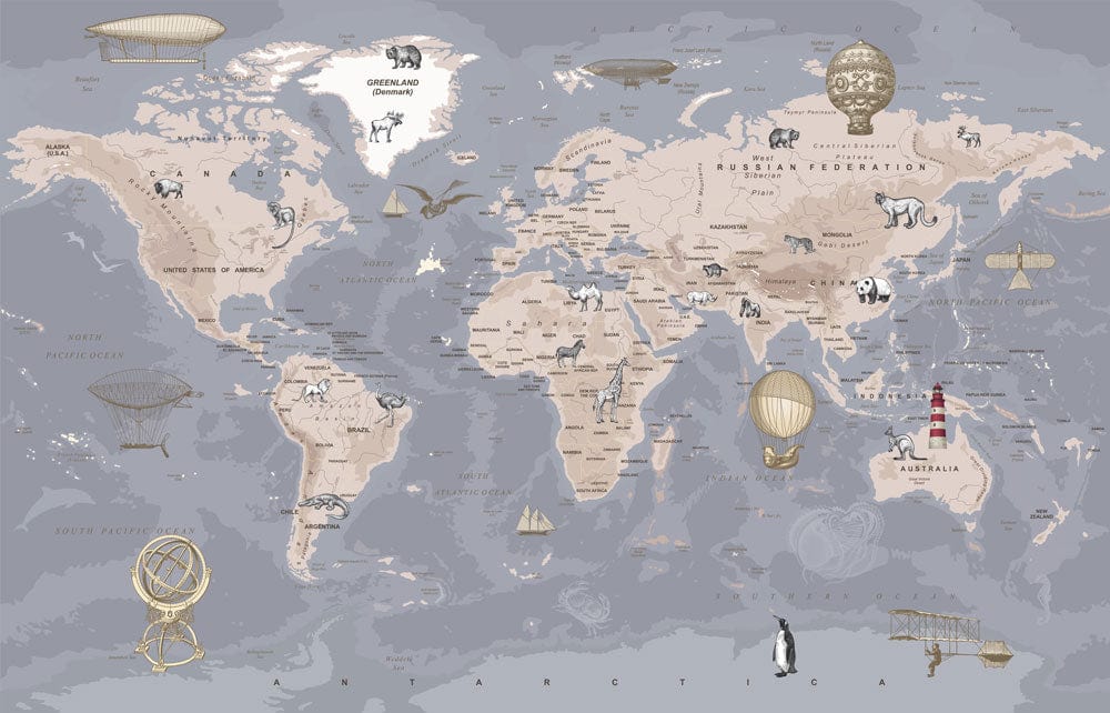 Vintage World Map Mural Wallpaper with Animals and Airships in Grey Tones