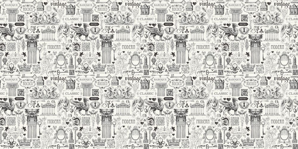 Vintage Grey Monochrome Illustrated Pattern Wallpaper for Timeless Elegance Interiors