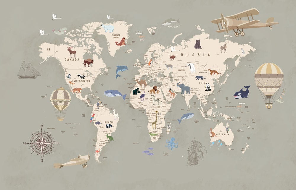 Vintage World Map Wallpaper Mural with Animals and Exploration Theme