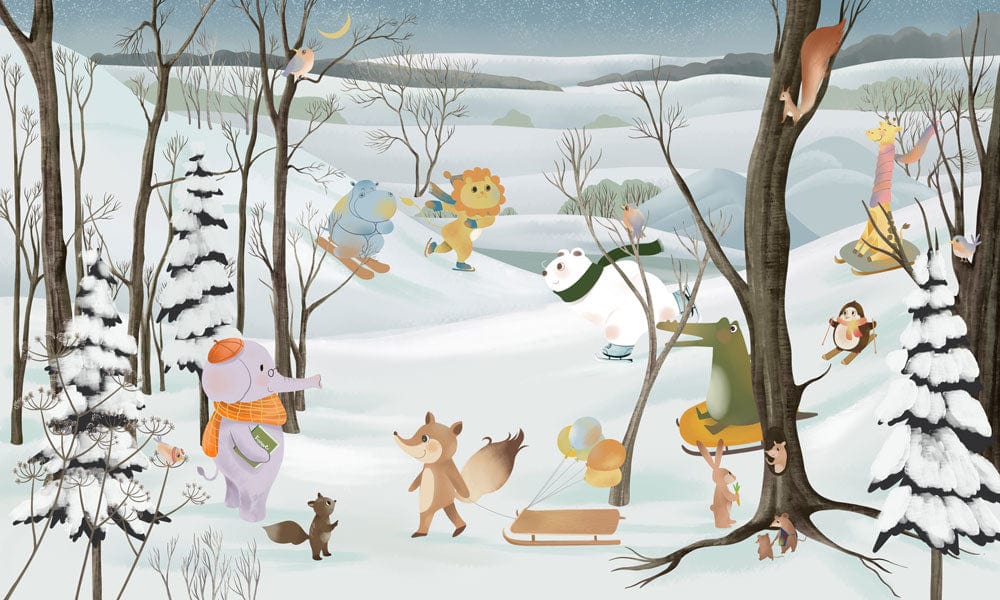 Winter Wonderland Animal Friends Mural Wallpaper - Whimsical Snowy Forest Scene