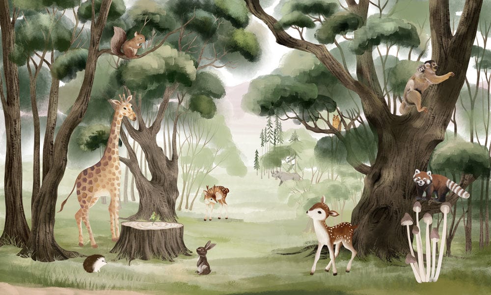 Whimsical Forest Animals Mural Wallpaper - Greenery, Woodland Adventure Theme Décor