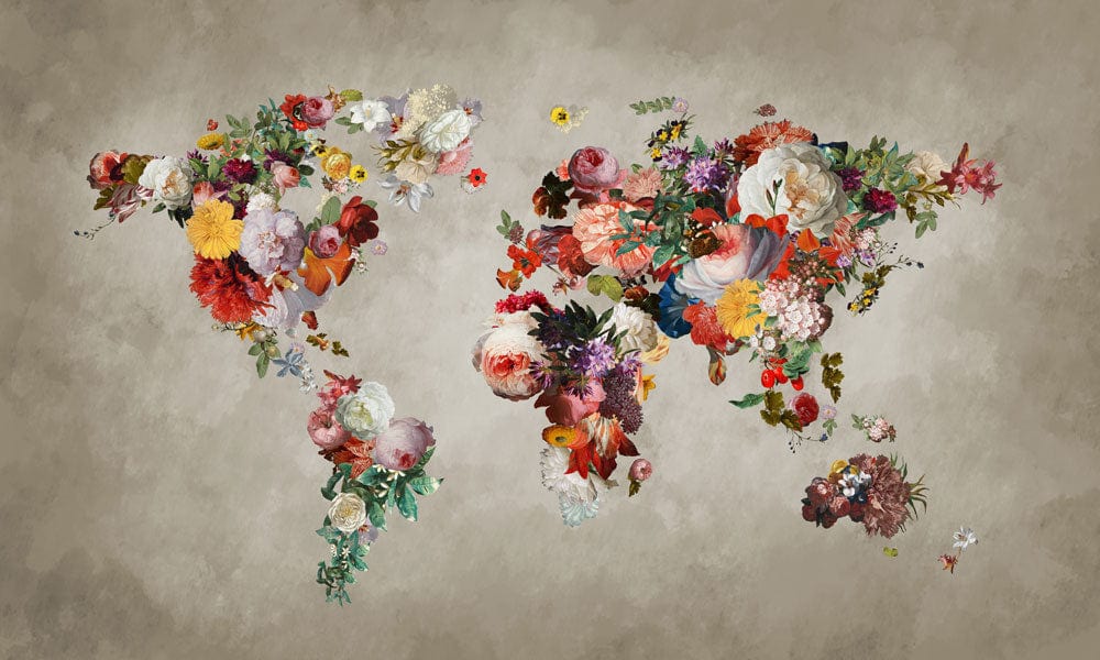 Elegant Floral World Map Mural Wallpaper in Vintage Earthy Tones