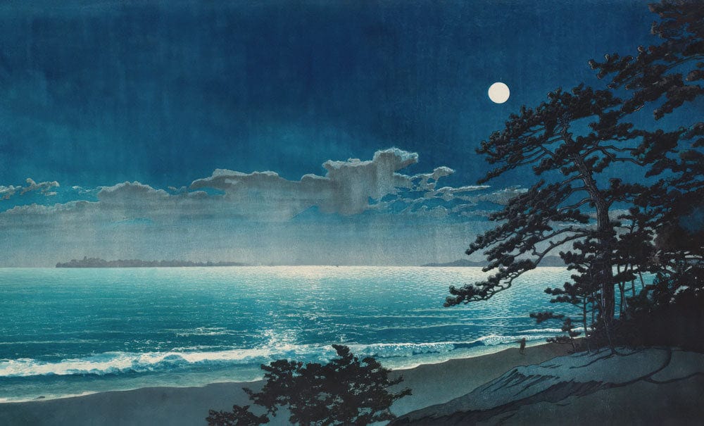 Midnight Blue Coastal Serenity Mural Wallpaper with Moonlit Ocean Scene