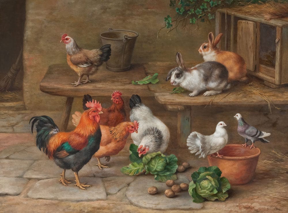 Vintage Farmyard Scene Wallpaper: Rustic Countryside Animals and Vegetables Mural