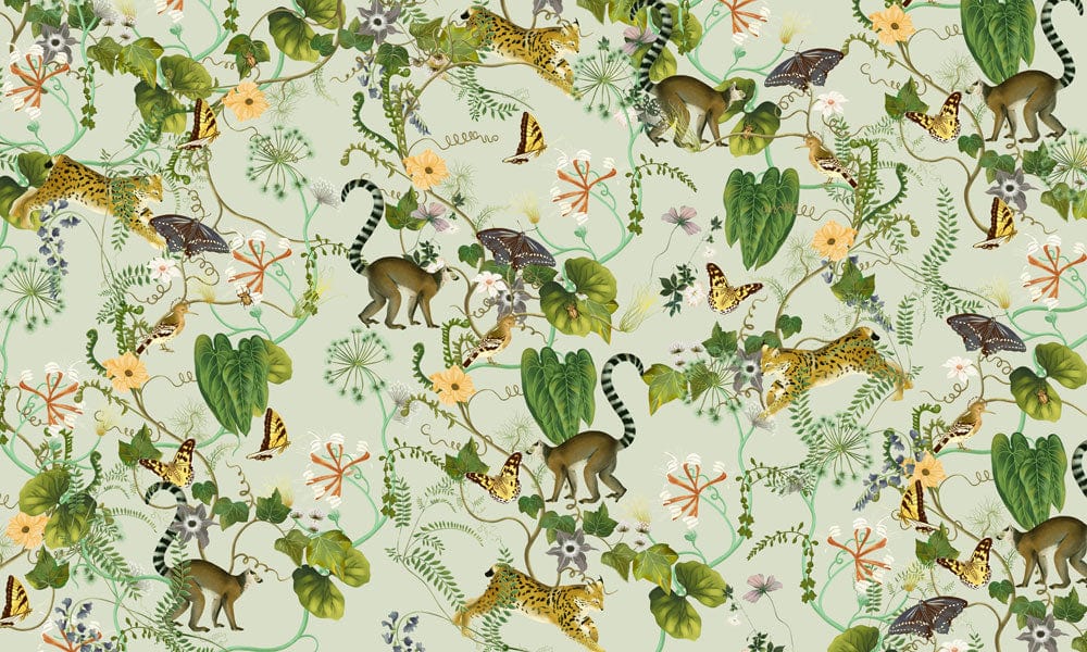 Tropical Safari Wildlife Adventure Mural Wallpaper with Lush Green Jungle Pattern.