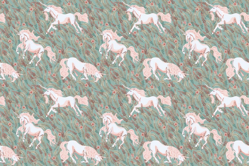 Elegant Pastel Unicorn Fantasy Green Wallpaper with Whimsical Nature Theme