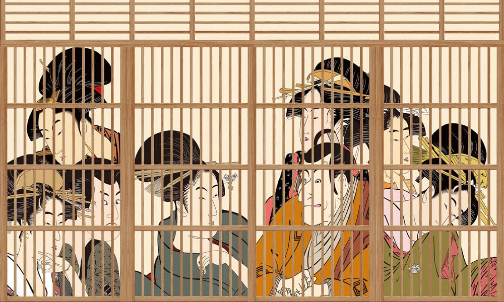 Traditional Japanese Geisha Mural Wallpaper in Warm Earth Tones Design