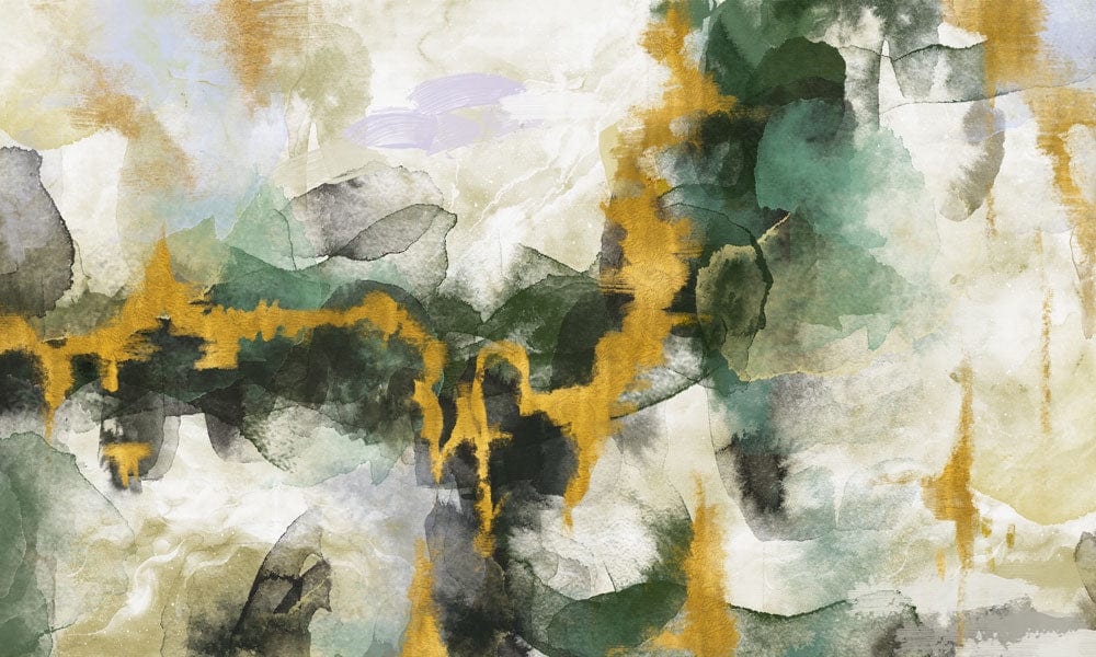 Abstract Watercolour Mural Wallpaper in Earthy Greens and Golden Hues Style