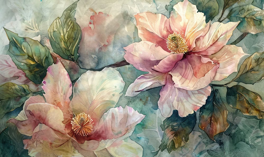 Elegant Watercolour Floral Wall Mural with Soft Pastel Hues and Leafy Greens