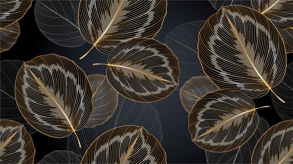 Luxurious Gold Leaf Pattern Wallpaper with Black Background - Modern Elegance Design