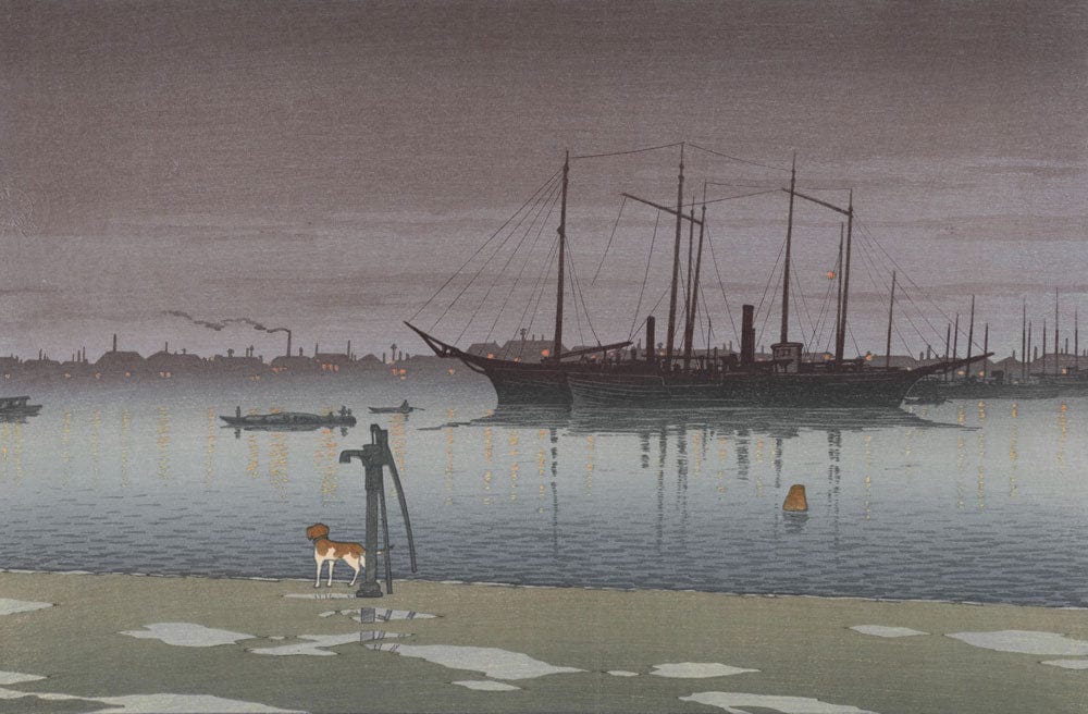 Tranquil Seaside Vintage Mural Wallpaper with Ship and Dog Scene