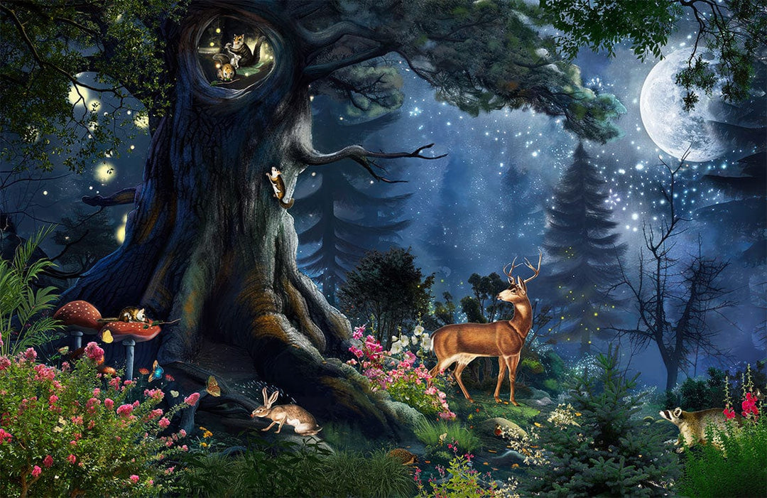 Enchanted Forest Dreamscape: Mystical Night Mural with Starry Sky Magic