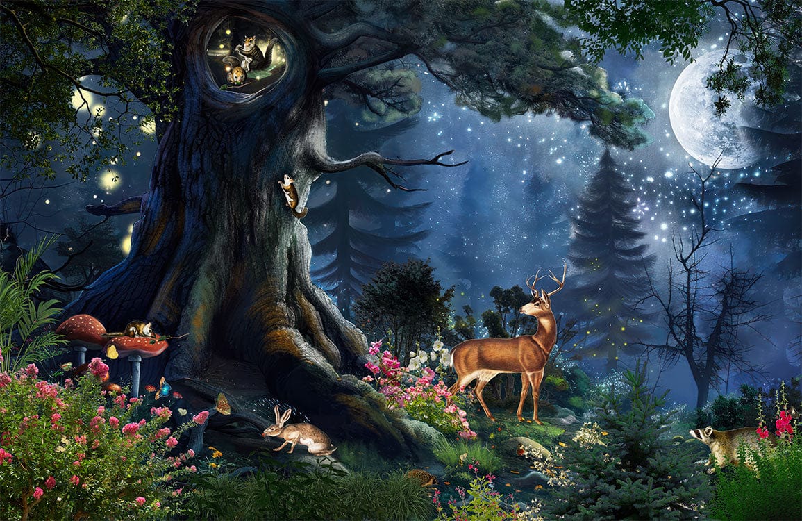 Enchanted Forest Dreamscape: Mystical Night Mural with Starry Sky Magic