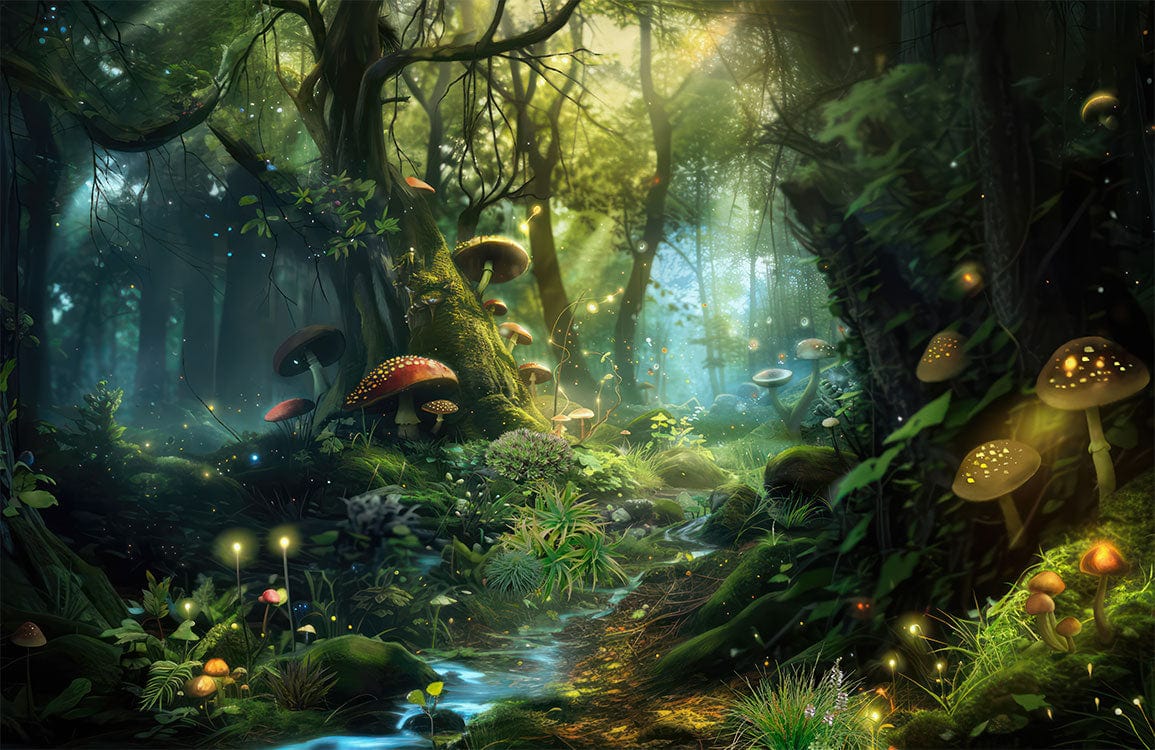 Enchanted Forest Wonderland Mural Wallpaper with Mystical Mushrooms and Lush Greens