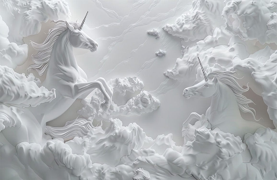 Elegant White Unicorn Cloud Fantasy Mural Wallpaper for Enchanting Interiors
