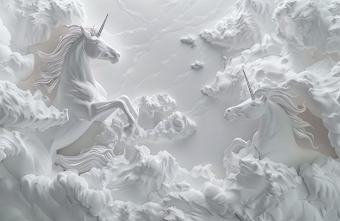 Elegant White Unicorn Cloud Fantasy Mural Wallpaper for Enchanting Interiors