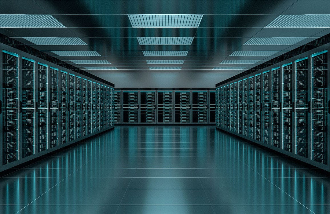 Futuristic Data Centre Mural Wallpaper in Cool Blue and Black Design