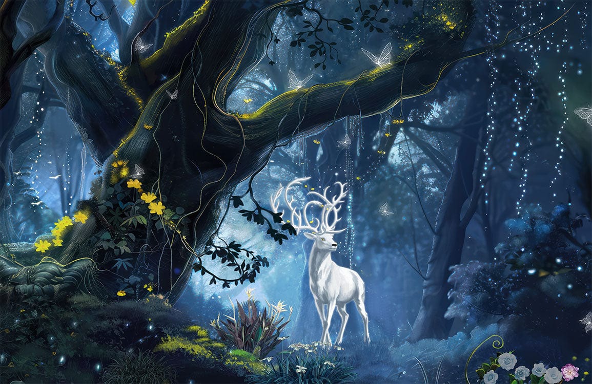 Mystical Enchanted Forest Stag Wallpaper - Dreamy Blue Green Nature Mural