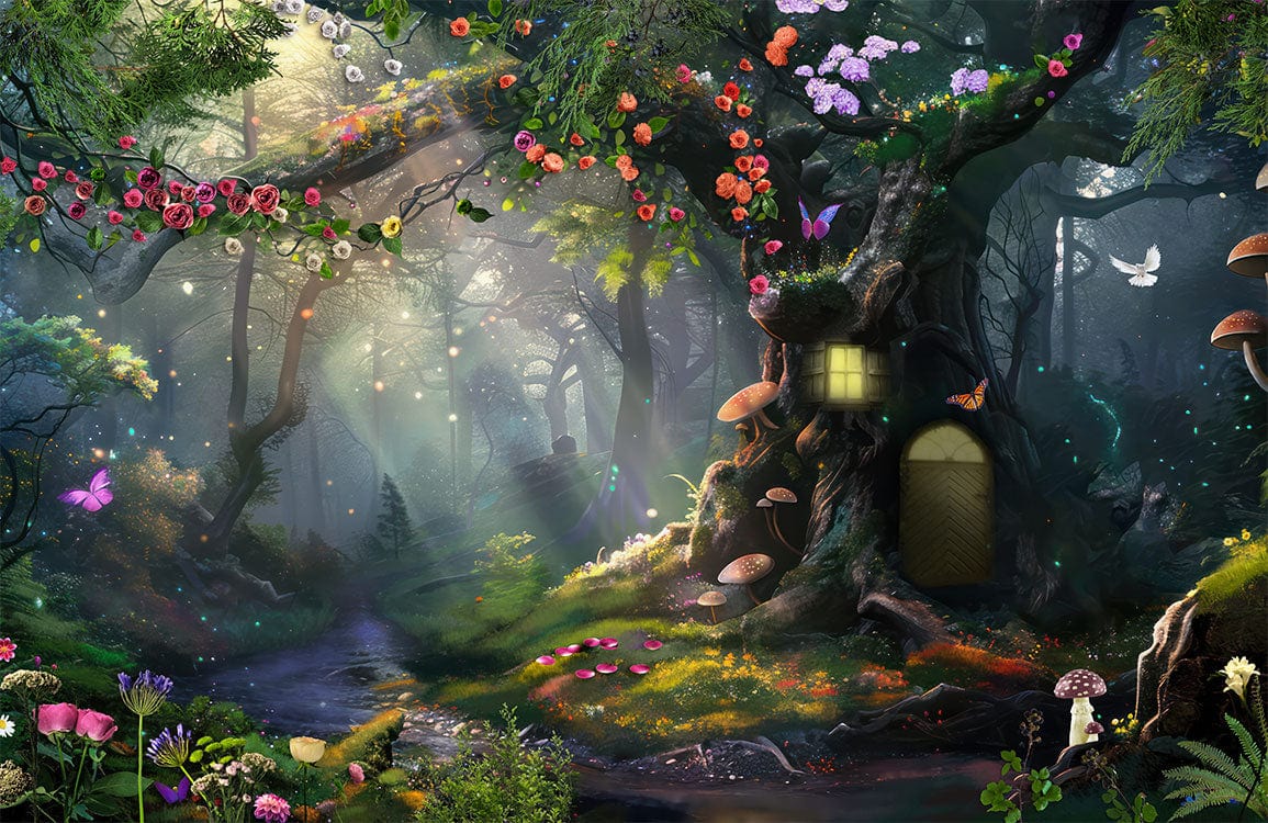 Enchanted Forest Mural Wallpaper with Magical Fairy Tale Elements and Colours