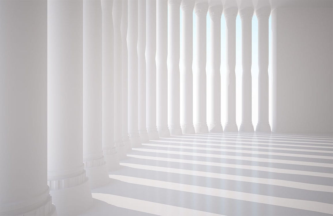 Elegant White Column Shadows Mural Wallpaper - Illusionary Architectural Design