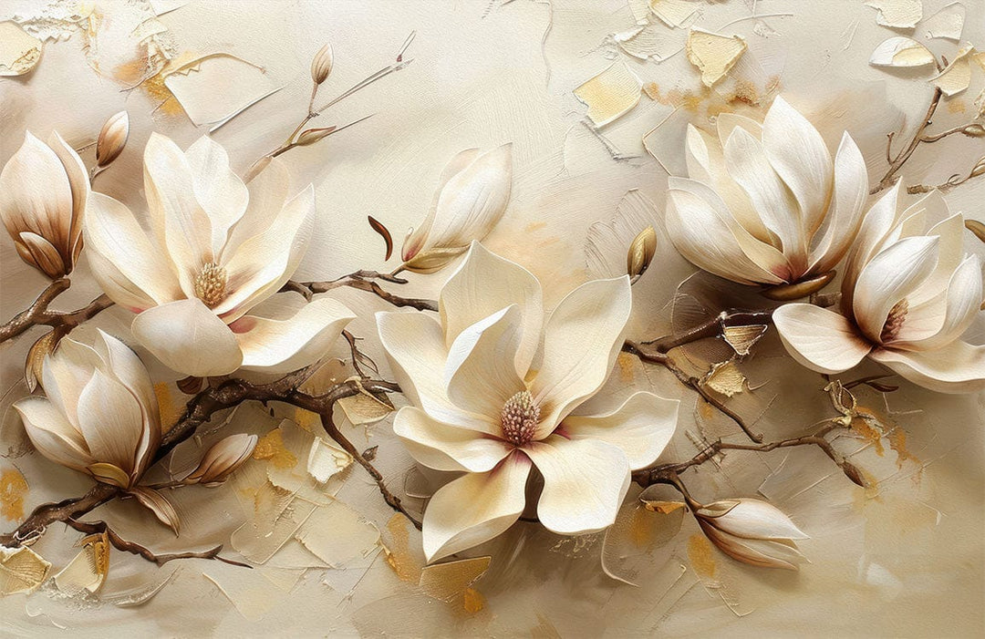 Elegant Magnolia Blossom Mural Wallpaper in Soft Cream and Beige Tones