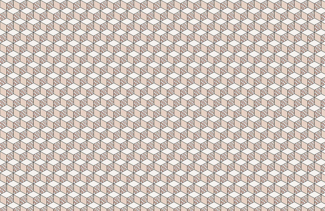 Geometric Taupe and White 3D Cube Pattern Feature Wallpaper Design