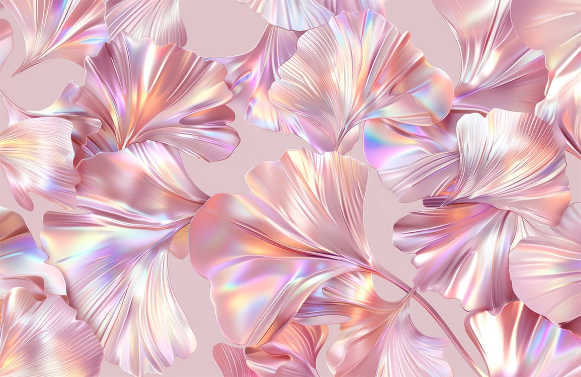 Iridescent Pink Floral Elegance: Modern Holographic Botanical Mural Wallpaper Design