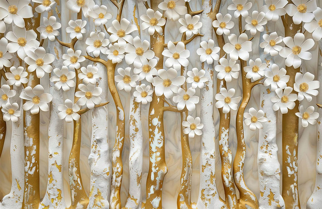Luxurious Gold and White Floral Blossom 3D Mural Wallpaper Design