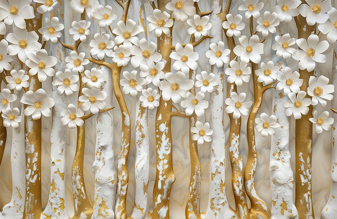 Luxurious Gold and White Floral Blossom 3D Mural Wallpaper Design