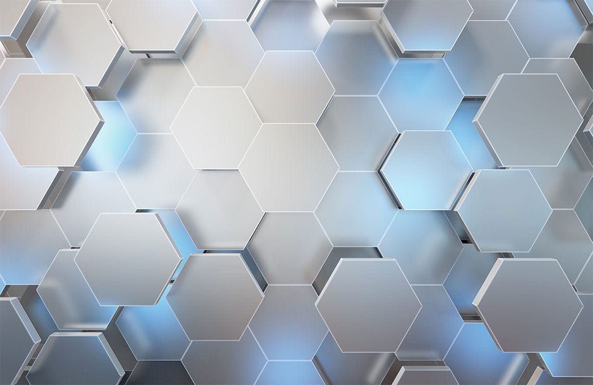 Modern Hexagonal Geometric Silver and Blue 3D Effect Wallpaper Design