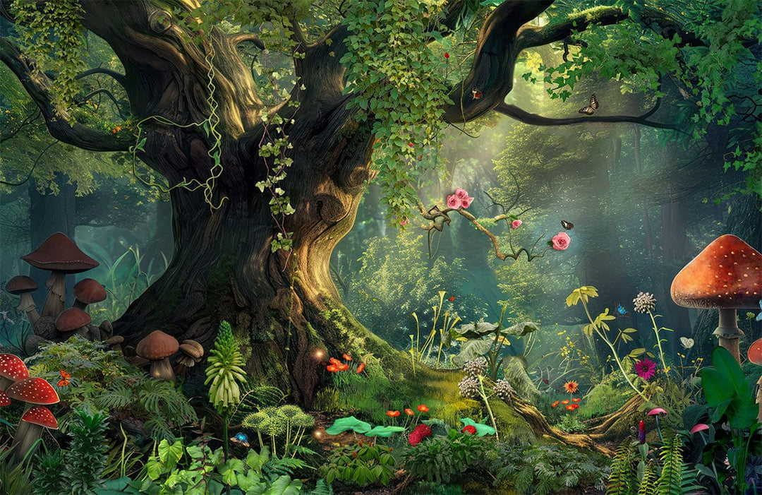 Enchanted Forest Mural Wallpaper: Lush Greenery, Mystical Woodland Ambience Decor