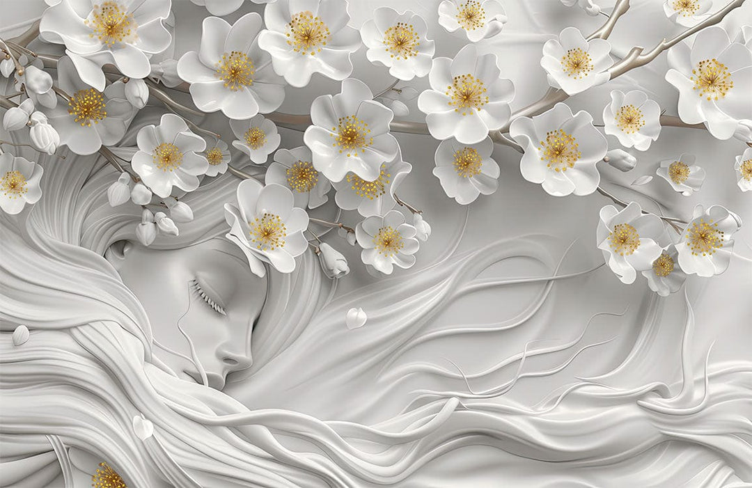 Tranquil Floral Dream: Elegant White Blossoms 3D Mural Wallpaper Design