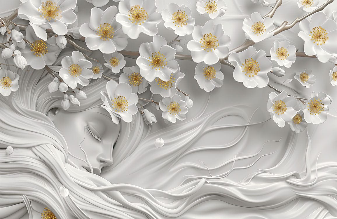 Tranquil Floral Dream: Elegant White Blossoms 3D Mural Wallpaper Design