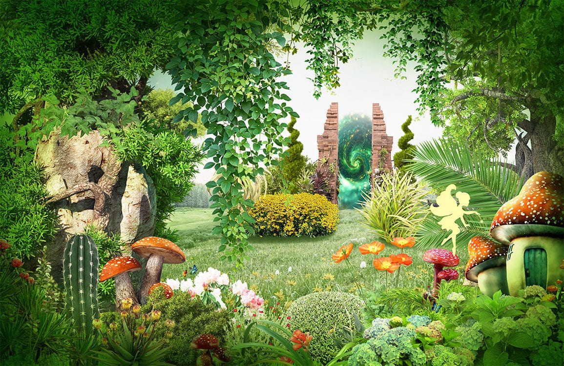 Enchanted Forest Mural Wallpaper with Lush Greenery and Vibrant Mushrooms