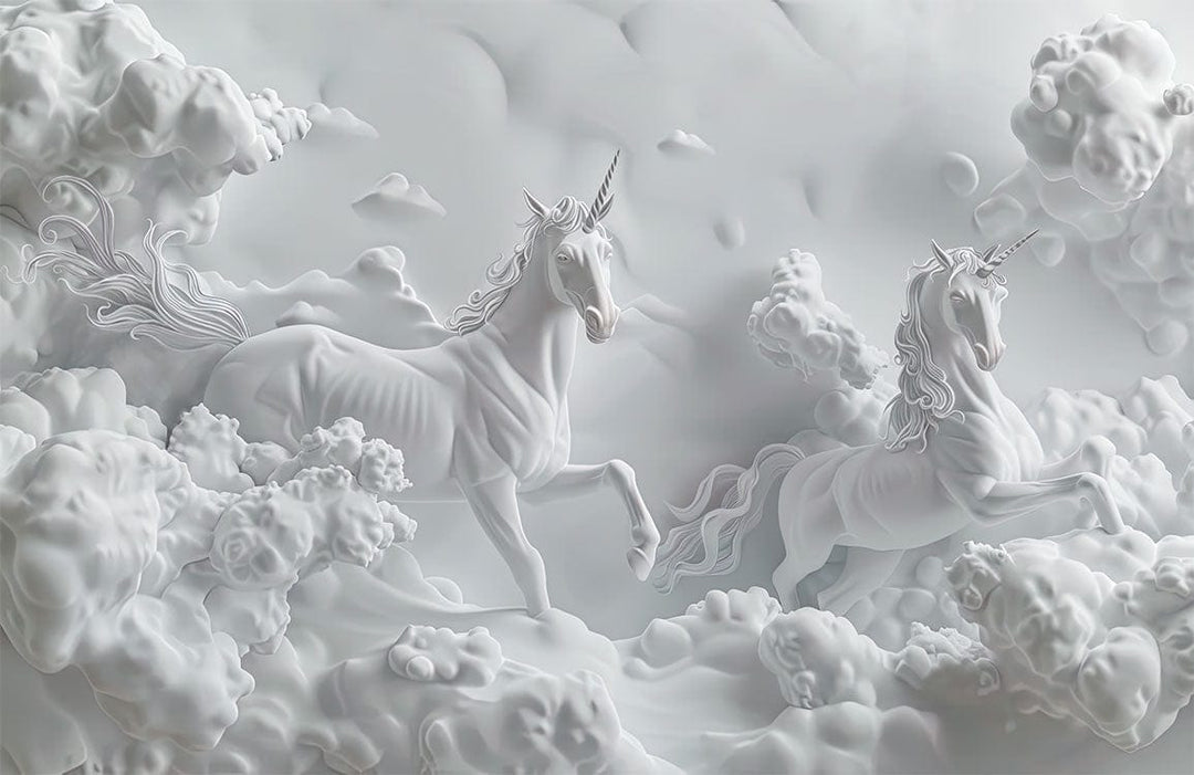 Elegant White Unicorn Mural Wallpaper - 3D Fantasy Cloud Design Décor