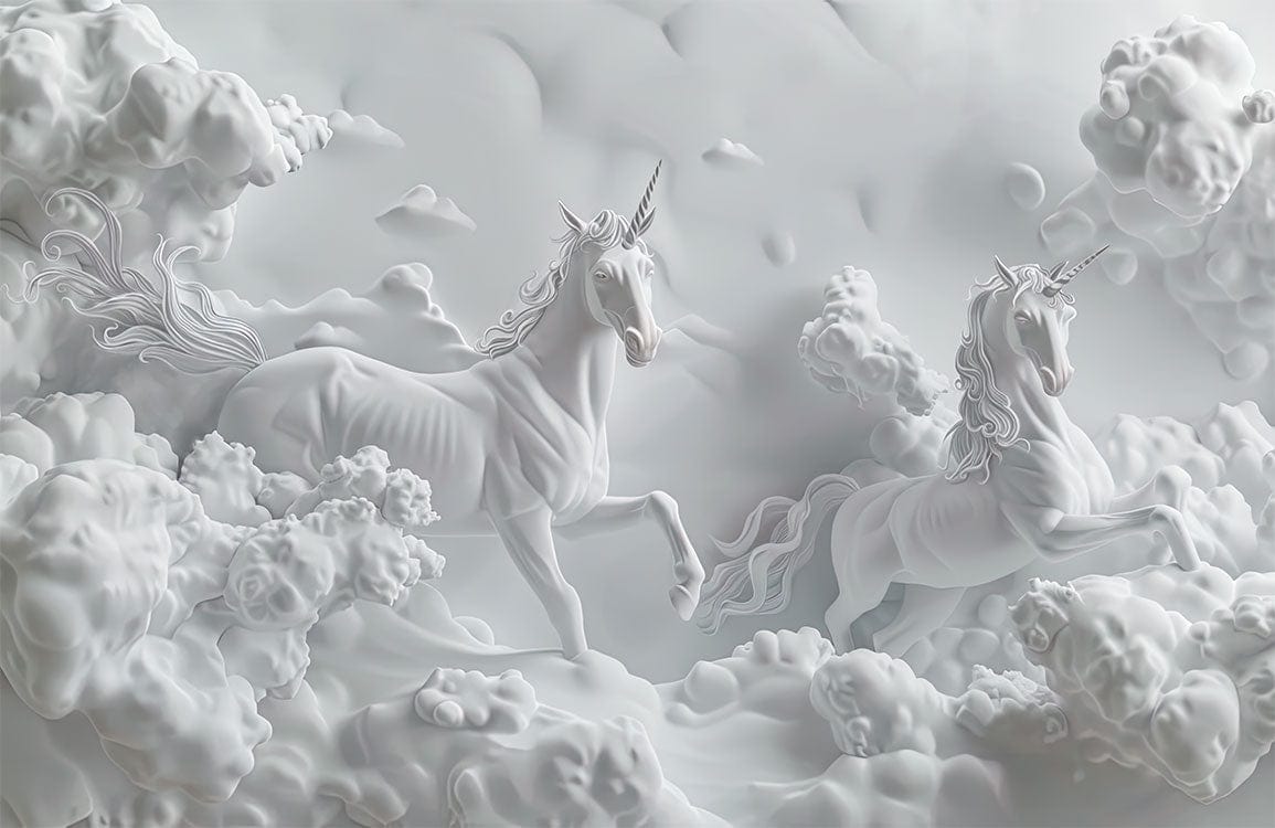 Elegant White Unicorn Mural Wallpaper - 3D Fantasy Cloud Design Décor